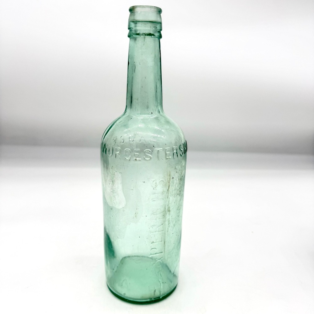 Antique Lea Perrins Worcestershire Sauce Aqua Glass Bottle 11" J6DS